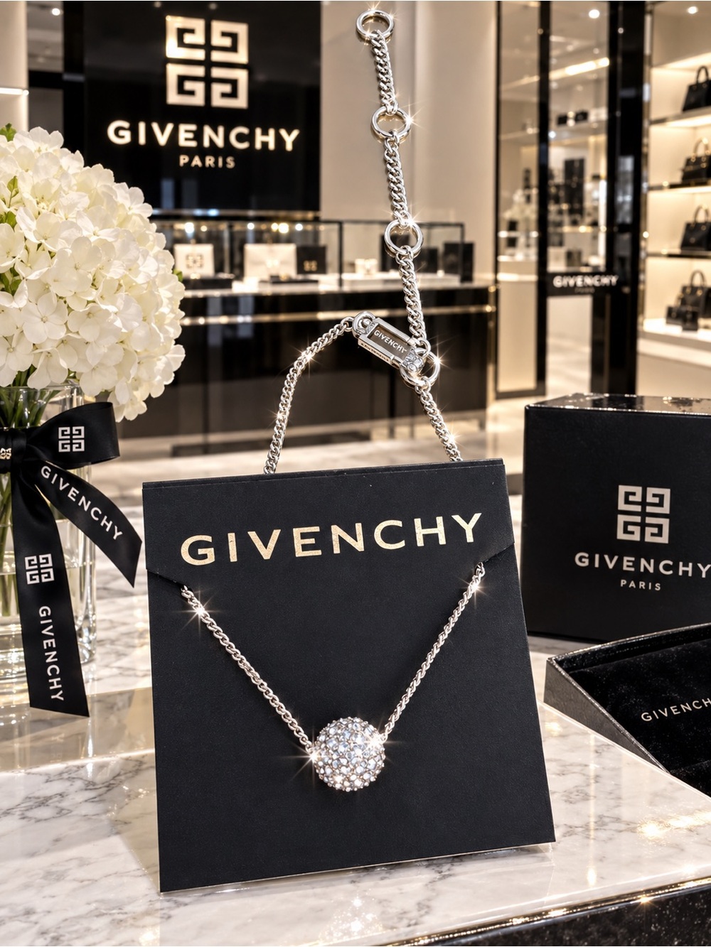 Givenchy Silver Tone Clear Crystal Pavé Ball Pendant Necklace Adjustable Signed